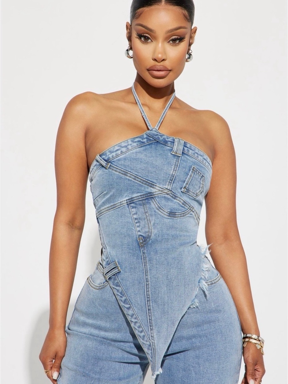 Fashion Nova Denim Halter Top Medium Light Wash Asymmetrical Handkerchief Y2K